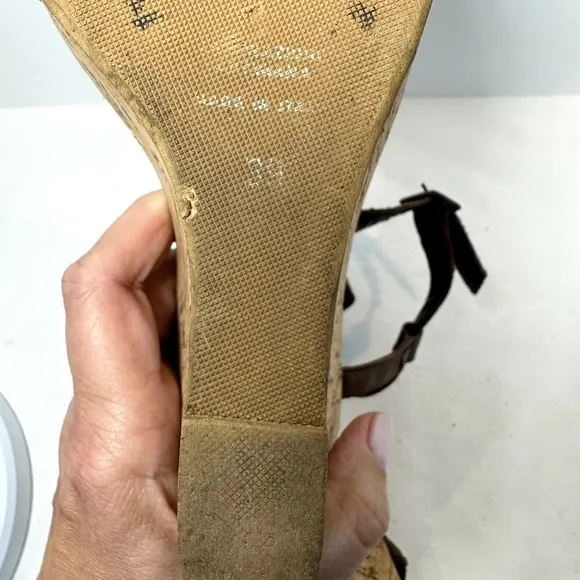 Weekend MaxMara Brown Leather Cork Wedge T-strap Sandals SZ 39 Made in Italy