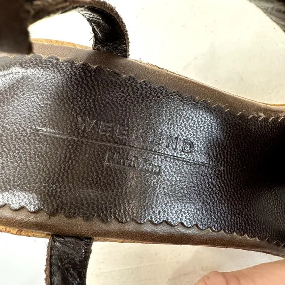 Weekend MaxMara Brown Leather Cork Wedge T-strap Sandals SZ 39 Made in Italy