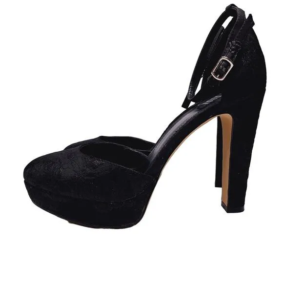 WHBM Jacquard Platform High Heels Ankle Strap Katrina Goth Whimsygoth 8 Black