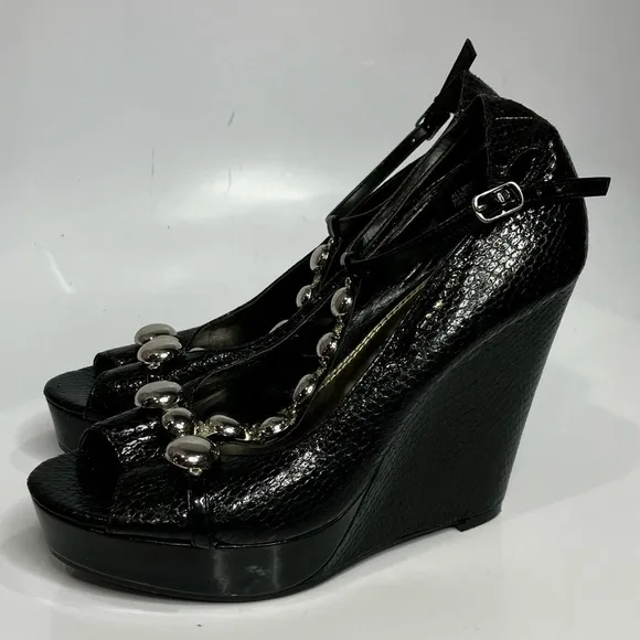 White House Black Market wedge heels black reptile embossed leather size 7