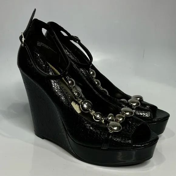 White House Black Market wedge heels black reptile embossed leather size 7