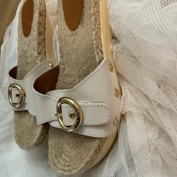 White Platform Sandals with Gold Accents.
