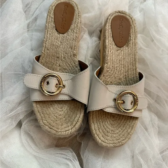 White Platform Sandals with Gold Accents.