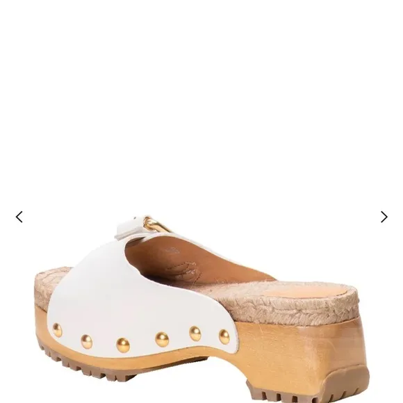 White Platform Sandals with Gold Accents.