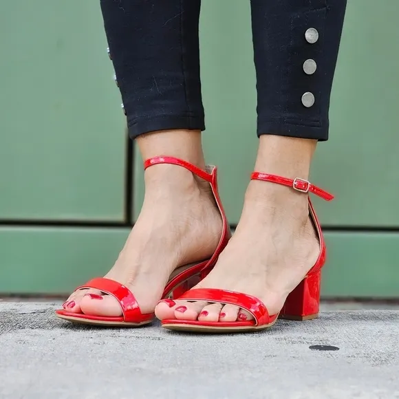 Women Ankle Straps Low Chunky Heels Sandals Red Color