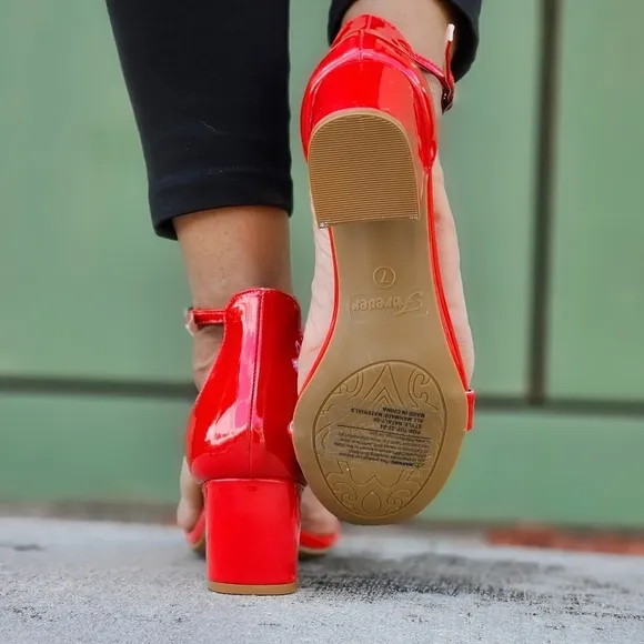 Women Ankle Straps Low Chunky Heels Sandals Red Color