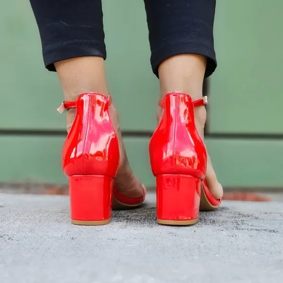 Women Ankle Straps Low Chunky Heels Sandals Red Color