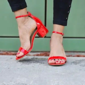 Women Ankle Straps Low Chunky Heels Sandals Red Color