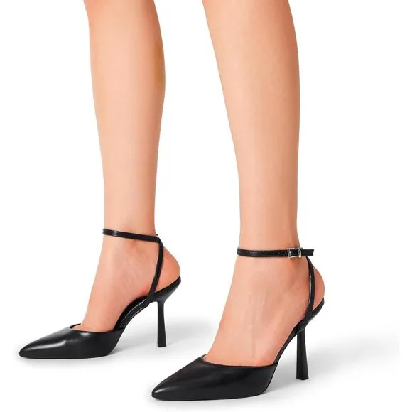 Women Black  High Heels Closed Pointed Toe Dress Ankle Strap Stiletto Heel Party
