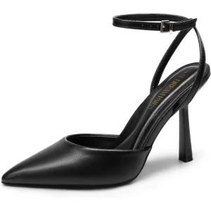 Women Black  High Heels Closed Pointed Toe Dress Ankle Strap Stiletto Heel Party