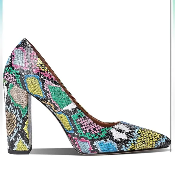 Women Chunky High Heel Pumps Pointed Closed Toe Colorful Snakeskin Size: 4