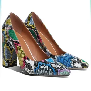 Women Chunky High Heel Pumps Pointed Closed Toe Colorful Snakeskin Size: 4