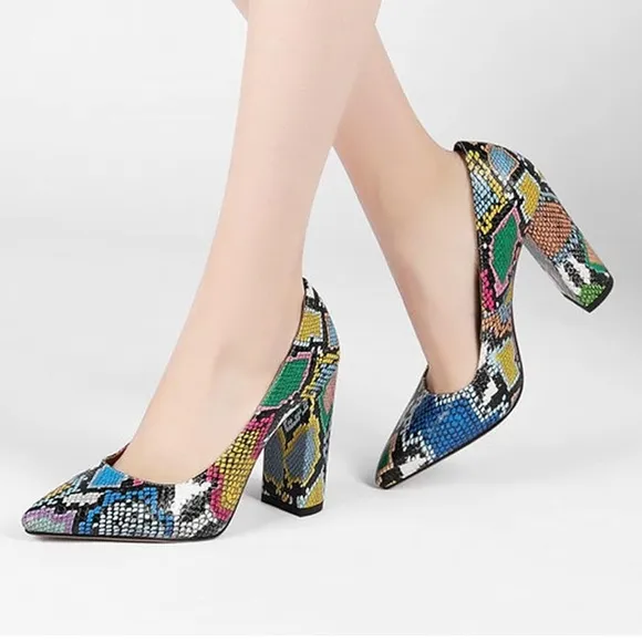 Women Chunky High Heel Pumps Pointed Closed Toe Colorful Snakeskin Size: 4