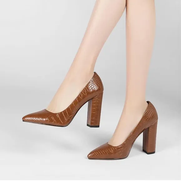 Women Chunky High Heel Pumps Pointed Toe Closed Sandals 4 Inch Block Heel