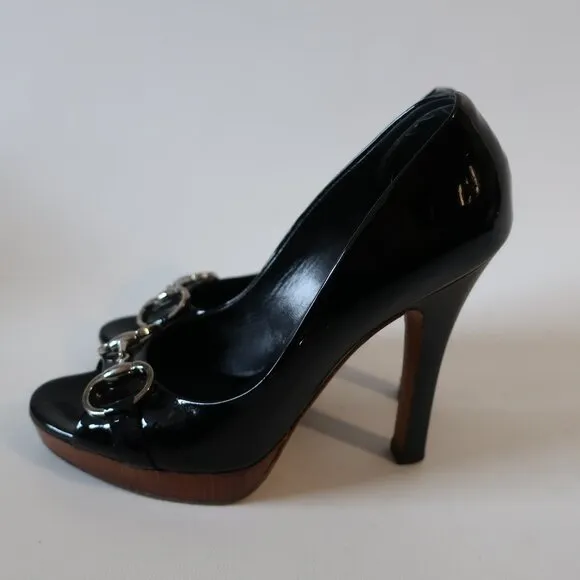 Women Gucci Black Patent Leather Horsebit Peep Toe Platform Heels 6
