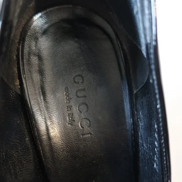 Women Gucci Black Patent Leather Horsebit Peep Toe Platform Heels 6