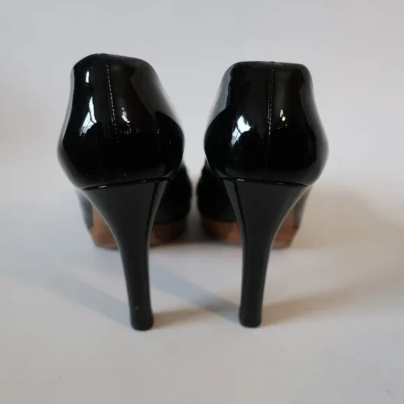 Women Gucci Black Patent Leather Horsebit Peep Toe Platform Heels 6