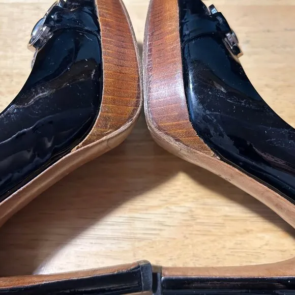Women Gucci Black Patent Leather Horsebit Peep Toe Platform Heels 6