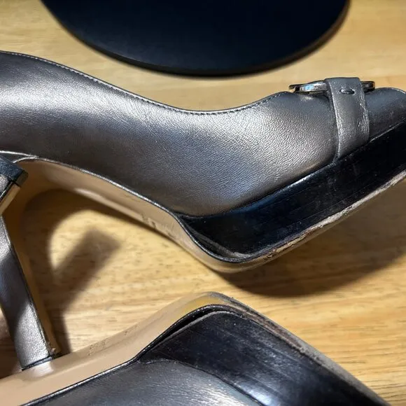 Women Gucci Gunmetal Nappa Sasso Horsebit Leather Peep Toe Platform Pumps 6