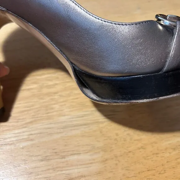Women Gucci Gunmetal Nappa Sasso Horsebit Leather Peep Toe Platform Pumps 6
