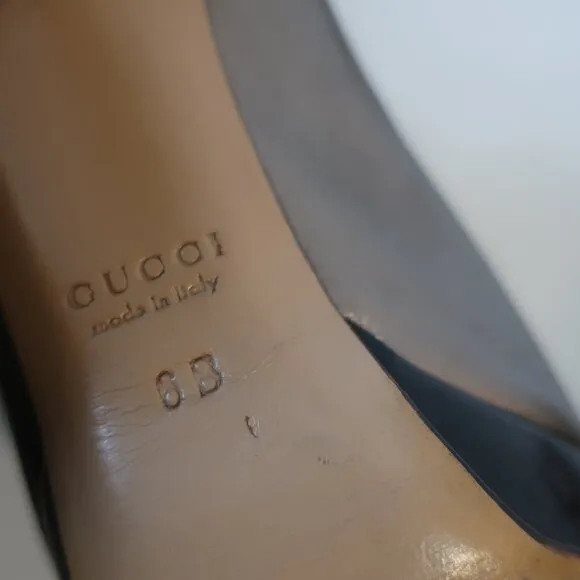 Women Gucci Gunmetal Nappa Sasso Horsebit Leather Peep Toe Platform Pumps 6
