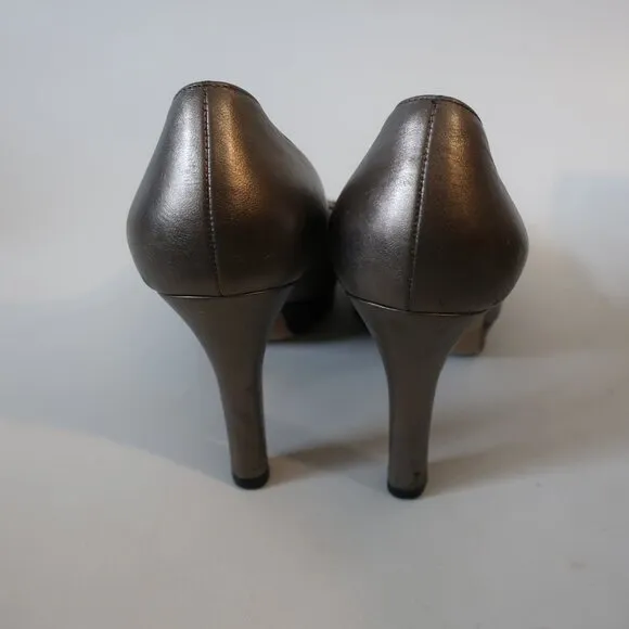 Women Gucci Gunmetal Nappa Sasso Horsebit Leather Peep Toe Platform Pumps 6