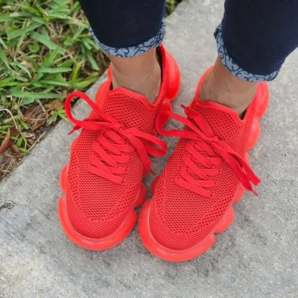 Women Knitted Stylish Bubble Textured Lace up Sneakers Red Color