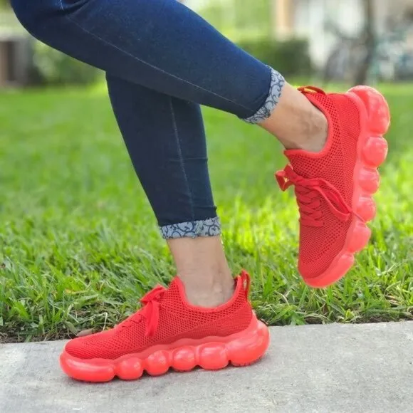 Women Knitted Stylish Bubble Textured Lace up Sneakers Red Color