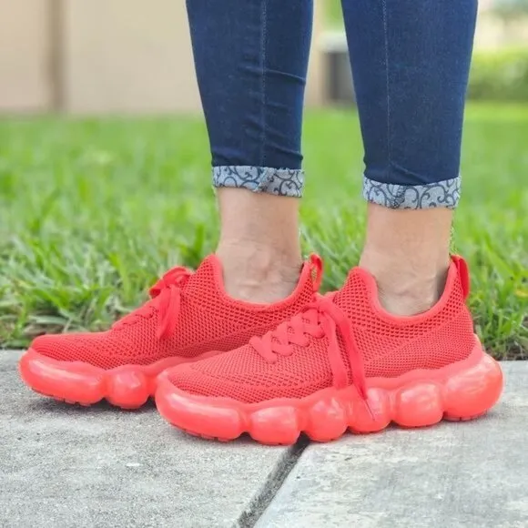 Women Knitted Stylish Bubble Textured Lace up Sneakers Red Color