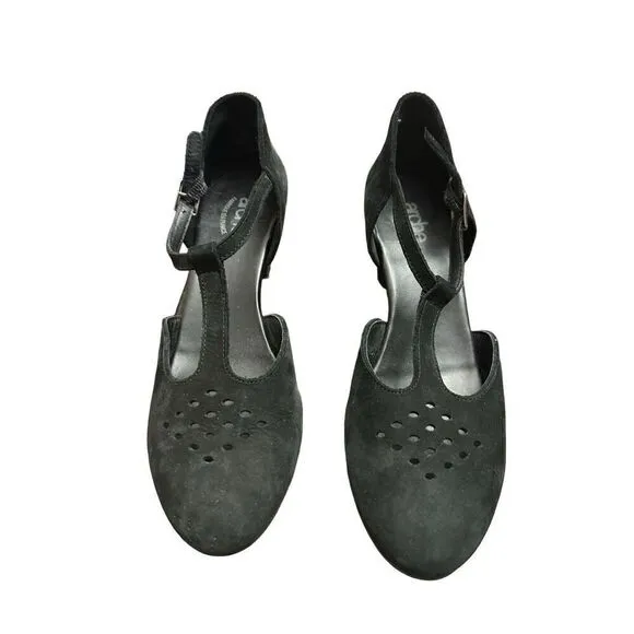 Women's Arche Picto Wedge Heel Sandals Noir Black Suede Leather Size 38 (7.5)