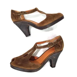 Womens Coclico Brown Suede Leather Peep Toe Heeled Dance Comfort Sandals Sz 36.5