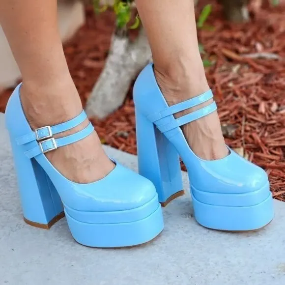 Women's Double Strap Patent  Platform Pumps Blue Color