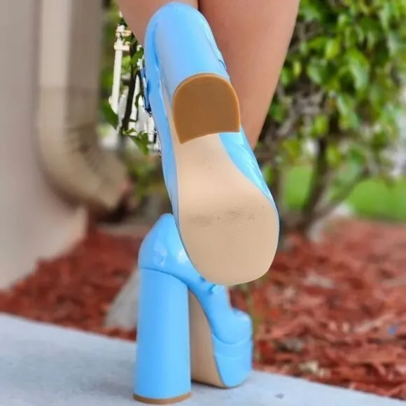 Women's Double Strap Patent  Platform Pumps Blue Color