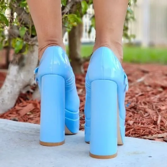 Women's Double Strap Patent  Platform Pumps Blue Color