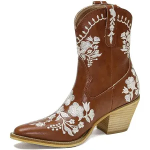 Women's Embroidery Brown Leather Slip-on Block Heel Ankle Cowgirl Boots