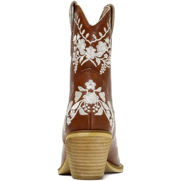 Women's Embroidery Brown Leather Slip-on Block Heel Ankle Cowgirl Boots