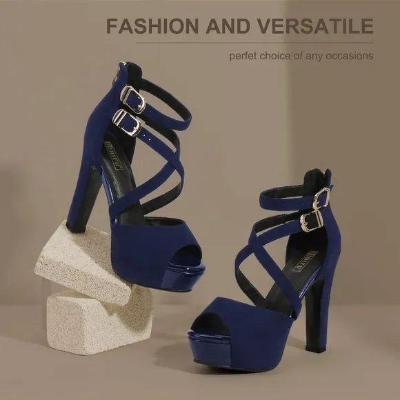 Women's IN5 Charcy Crisscross Strappy Platform High Chunky Blue Heels Toe Pump