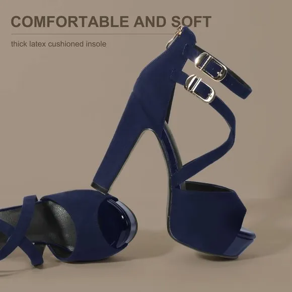 Women's IN5 Charcy Crisscross Strappy Platform High Chunky Blue Heels Toe Pump
