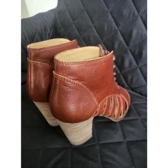 Women's Lucky Brand Brown Leather Lace Up Cut Out Wedge Sandals Size 8