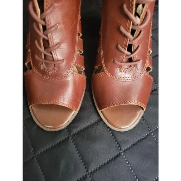 Women's Lucky Brand Brown Leather Lace Up Cut Out Wedge Sandals Size 8