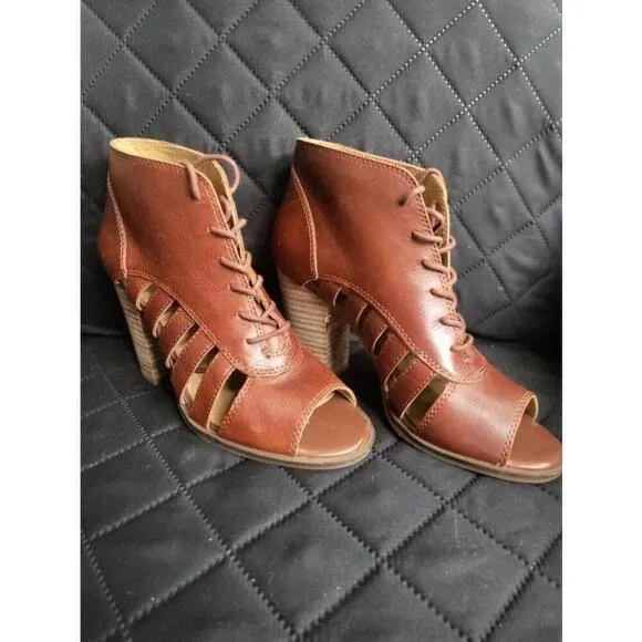 Women's Lucky Brand Brown Leather Lace Up Cut Out Wedge Sandals Size 8