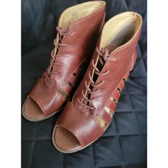 Women's Lucky Brand Brown Leather Lace Up Cut Out Wedge Sandals Size 8