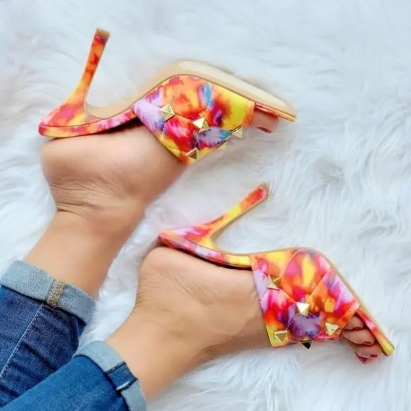 Women's Multi Color Roman Stud Quilted Slide High Heel Sandals