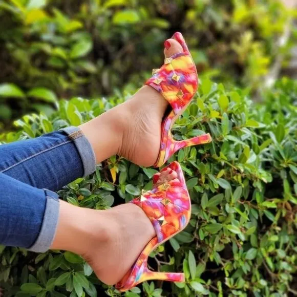Women's Multi Color Roman Stud Quilted Slide High Heel Sandals