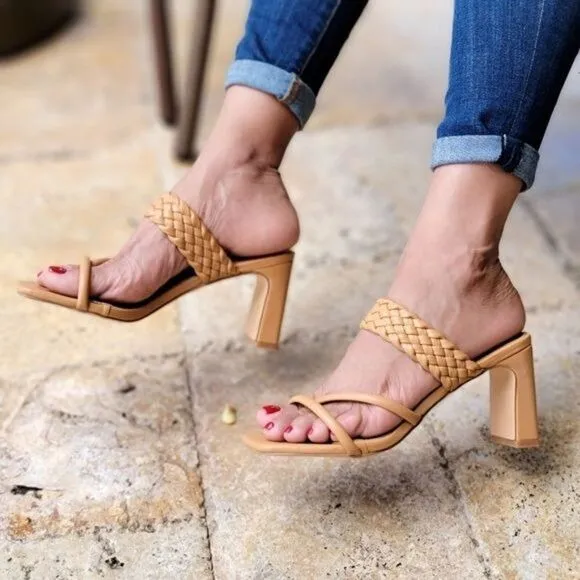 Women's Natural Braided Chunky Block Heel Slide Sandals
