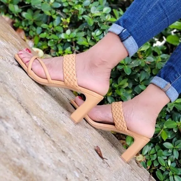 Women's Natural Braided Chunky Block Heel Slide Sandals