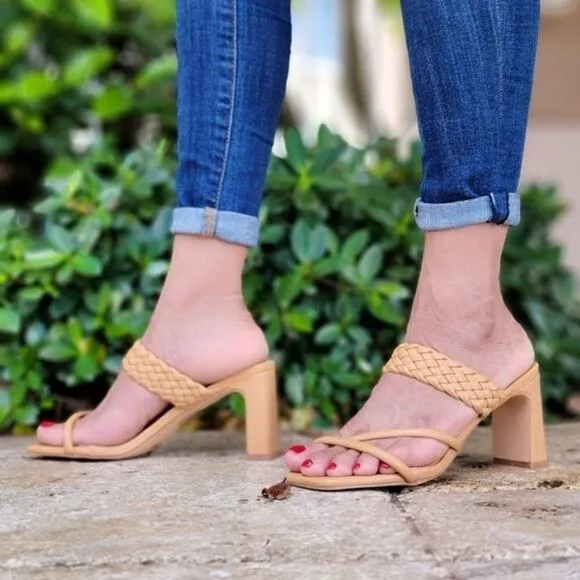 Women's Natural Braided Chunky Block Heel Slide Sandals