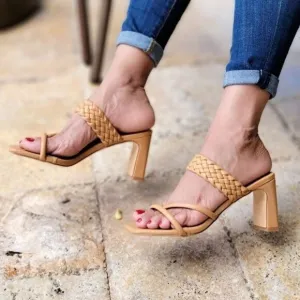 Women's Natural Braided Chunky Block Heel Slide Sandals