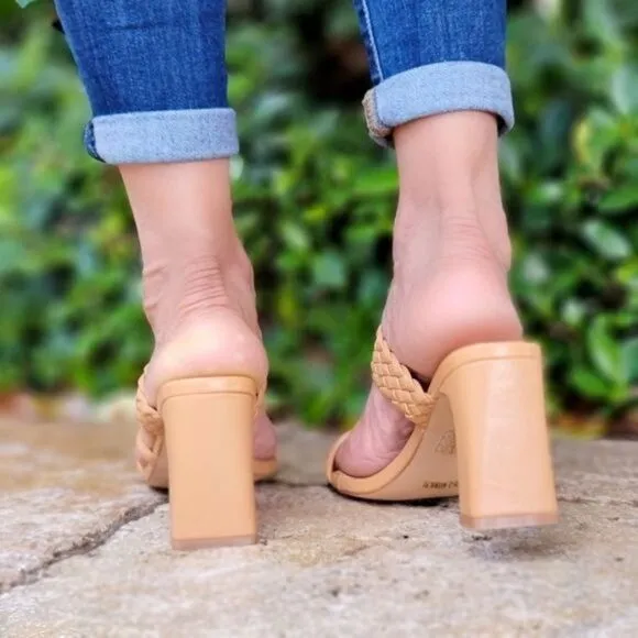 Women's Natural Braided Chunky Block Heel Slide Sandals