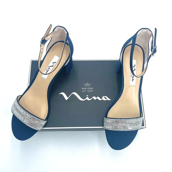 WOMENS NAVY SUEDETTE CRYSTAL BLOCK MID-HEEL ANKLE STRAP DRESS SANDAL NIB!